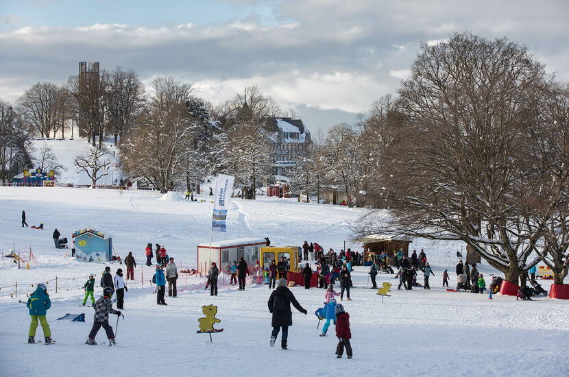 Zoom: Escursione per famiglie a Berna: se la neve è sufficiente, è possibile andare in slitta sulla montagna locale di Berna, il Gurten.