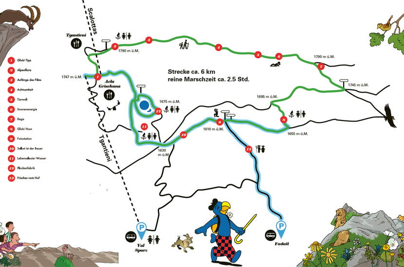 Zoom: Excursion en famille Sentier de randonnée Globi - Sur le seul sentier de randonnée Globi de Suisse, Globi explique de manière ludique des thèmes comme la nature et la technique à 13 postes.