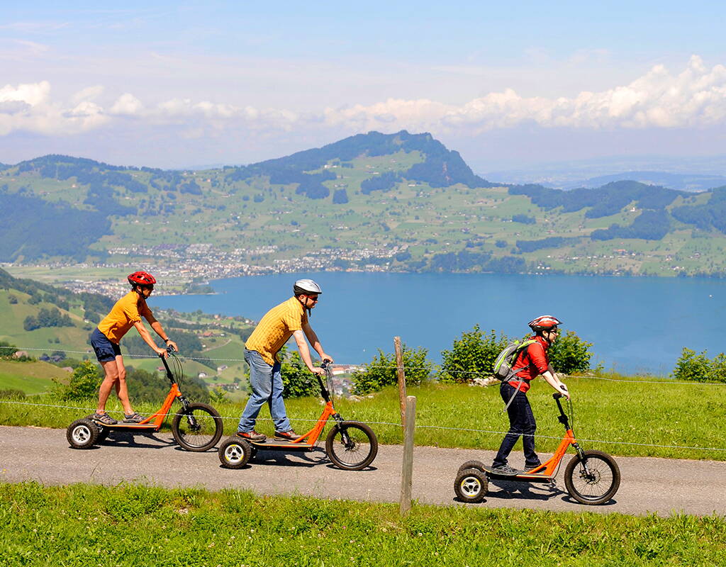 Prendete la vostra bikeboard e la rapida discesa può iniziare. Godetevi la fantastica vista sull'imponente Lago dei Quattro Cantoni. Una grande escursione per tutta la famiglia! Scaricate subito il buono per il noleggio gratuito per bambini e ragazzi dai 12 ai 16 anni.