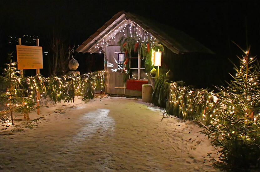 Zoom: Gita in famiglia Sentiero di Natale di Aeschi. Il Sentiero di Natale racconta la storia del Natale in sei immagini. Per percorrere l'itinerario circolare è necessaria circa un'ora.