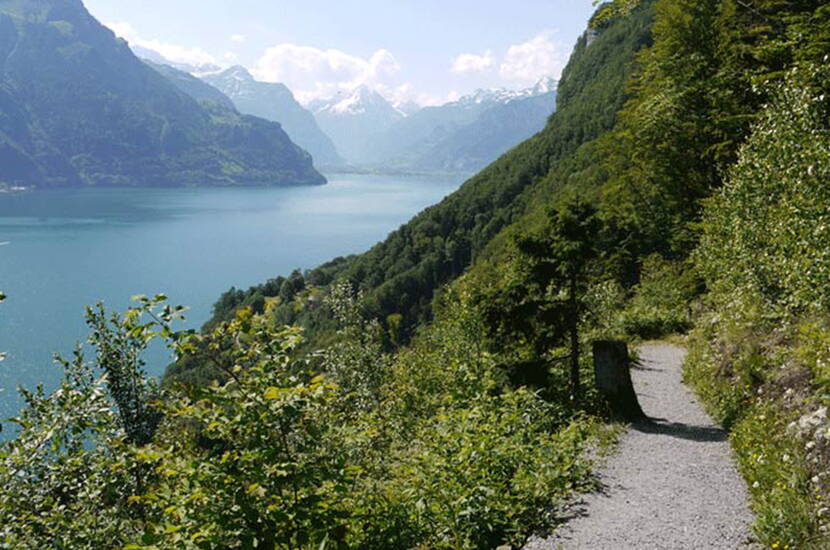 Zoom: Der beschilderte und gut ausgebaute Weg ist 35 Kilometer lang. Jeder Schweizer Kanton hat einen Weganteil, der sich nach der Zahl der Einwohner richtet, sodass jedem Schweizer rund 5 mm des Weges gehören.