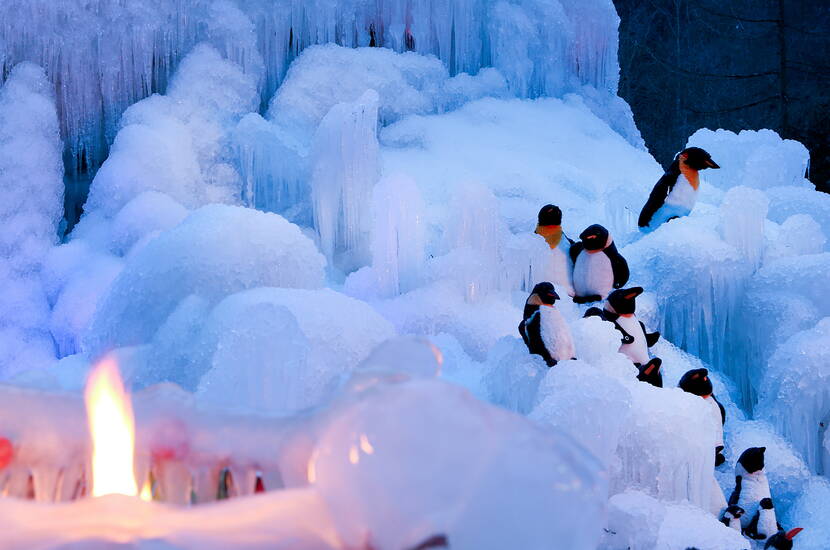Zoom: Excursion familiale sur les Palais de glace du Lac Noir - Découvre l'hiver sous sa plus belle forme. Le véritable spectacle ne commence qu'à la tombée de la nuit. Les couleurs chatoyantes de la lumière éclairent de manière impressionnante les différentes formations de glace.