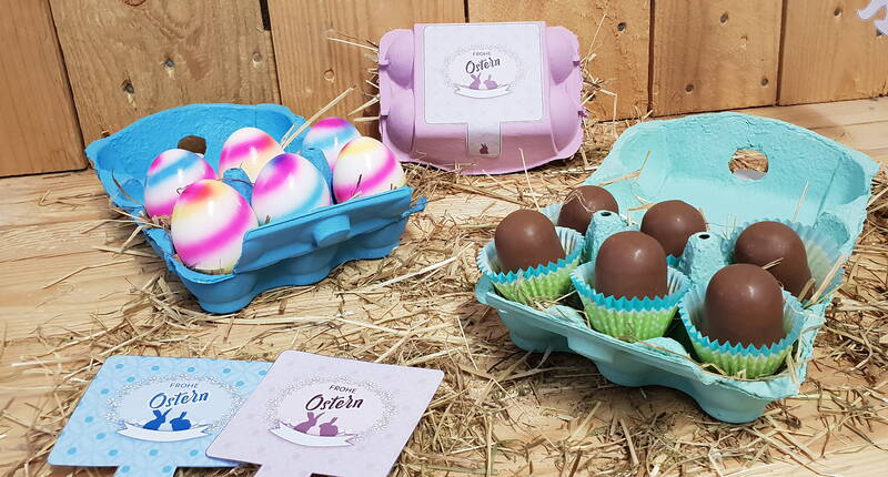 Tu peux télécharger gratuitement l'étiquette pour le carton à œufs en trois couleurs (rose, bleu clair et vert clair). La boîte à œufs décorée convient aussi bien pour le transport d'œufs de Pâques colorés, de mini-muffins ou comme nid de Pâques.